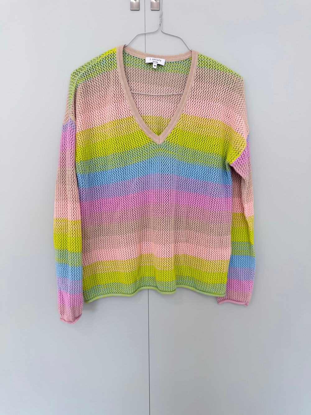 J. SOCIETY NEW YORK Women's Cotton Pastel Stripe Rainbow Mesh Knit Sweaer